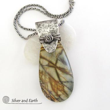 Picasso Jasper Sterling Silver Pendant Necklace - Natural Stone Jewelry