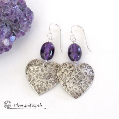 Sterling Silver Heart Earrings with Purple Amethyst Gemstones - Romantic Jewelry Gifts for Women
