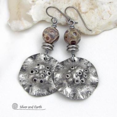 Silver Pewter Earrings with Asteroid Jasper Stones - Bold Edgy Artisan Handcrafted Jewelry