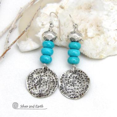 Sterling Silver Dangle Earrings with Blue Turquoise Stones - Modern Chic Southwest Jewelry