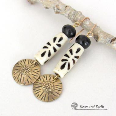 Textured Gold Brass Dangle Earrings with African Carved Bone Beads - Bold Unique Boho Tribal Jewelry