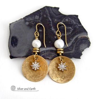 These handcrafted earrings feature gold brass dangles accented with star shaped brass charms with sparkly cubic zirconia crystals. White freshwater pearls and tiny brass beads were added as an accent. They have a classic modern chic style that coordinates beautifully with all wardrobe types - dressed up or down. Makes a great gift for couples celebrating their 21st or 30th anniversary. Brass is the the traditional choice for a 21st anniversary and pearls for a 30th anniversary. 