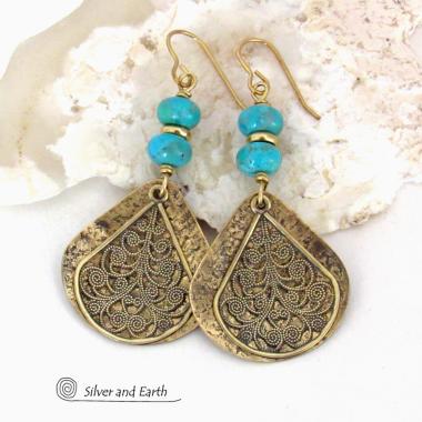 Gold Brass Earrings with Turquoise Stones and Filigree Charms - Bold Exotic Bohemian Egyptian Style Jewelry