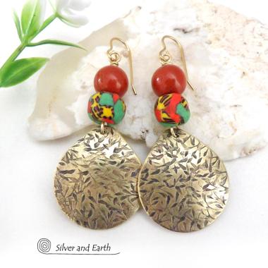 Gold Brass Earrings with Red Jasper Gemstones & Colorful African Glass Beads - Bold Exotic Statement Jewelry