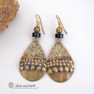 Textured Gold Brass Statement Earrings with Matte Black Jasper Stones - Exotic Boho Tribal Style Jewelry