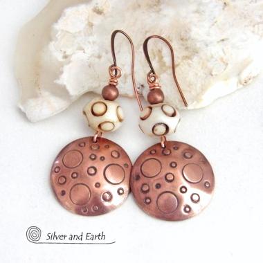 Hand Stamped Copper Tribal Earrings with African Carved Bone - Artisan Handmade Bohemian Style Jewelry