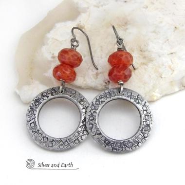 Hand Stamped Silver Pewter Circle Hoop Earrings with Faceted Orange Fire Agate Gemstones