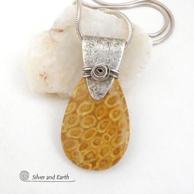 Agatized Fossil Coral Sterling Silver Necklace - Natural Ancient Fossil Stone Jewelry