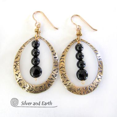 Gold Brass Hoop Earrings with Black Onyx Stones - Chic Trendy Jewelry