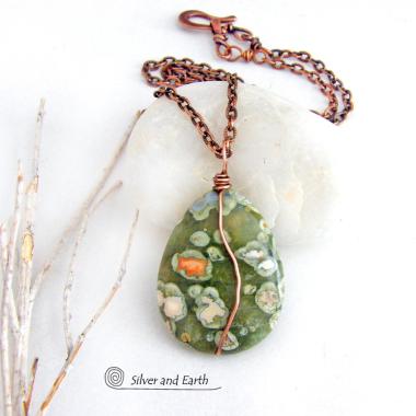 Small Green Rainforest Jasper Stone Pendant on Copper Chain Necklace