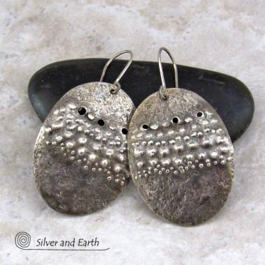 Large Sterling Silver Earrings with Rustic Hammered Texture - Modern Edgy Organic Earthy Silver Jewelry