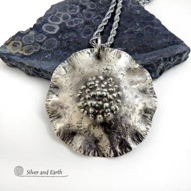 Rustic Hammered Sterling Silver Circle Pendant Necklace - Modern Earthy Organic Silver Jewelry