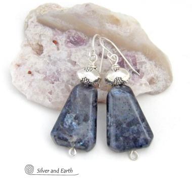 Larvikite Gemstone Earrings on Sterling Silver Wires - Black Labradorite Norwegian Moonstone Jewelry