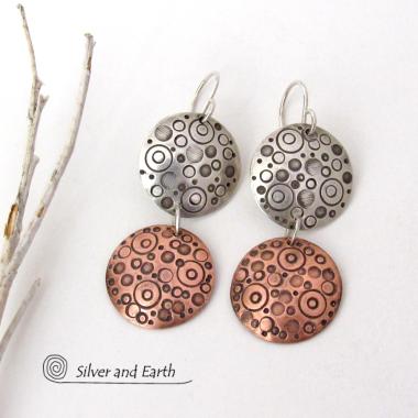Sterling Silver and Copper Small Circle Hand Stamped Dangle Earrings - Artisan Handmade Modern Mixed Metal Jewelry