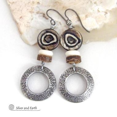 Silver Pewter Hoop Earrings with African Batik Bone Beads - Earthy Bold Ethnic African Tribal Inspired Jewelry