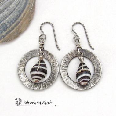 Silver Pewter Circle Hoop Earrings with Black and White Seashells - Artisan Handmade Earthy Natural Sea Shell Jewelry