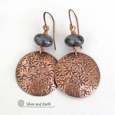 Hand Stamped Copper Earrings with Larvikite Gemstones - Black Labradorite Norwegian Moonstone Jewelry