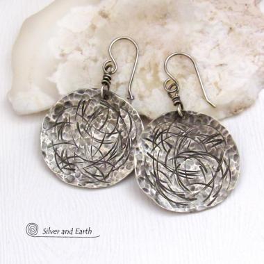 Modern Oxidized Sterling Silver Earrings with Hammered and Hand Stamped Texture