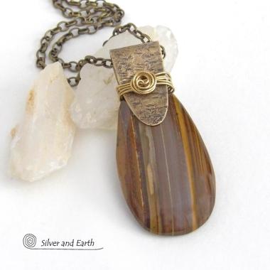 Gold Brass Pendant Necklace with Natural Brown Tiger's Eye Gemstone