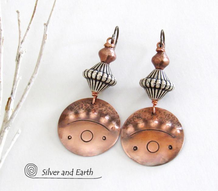 Tribal Copper Earrings with Mixed Metal Beads Boho Chic Jewelry