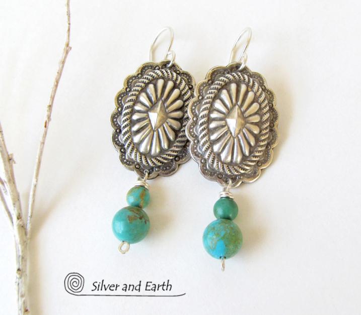 Turquoise Posts, Oval Conchos, Spindly Fringe Earrings