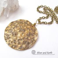 Gold Brass Medallion Pendant Necklace with Hammered Organic Texture