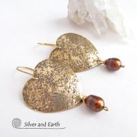 Gold Brass Heart Earrings with Bronze Pearls- Romantic Jewelry Gift for Her
