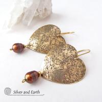 Gold Brass Heart Earrings with Bronze Pearls- Romantic Jewelry Gift for Her
