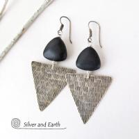 Sterling Silver Triangle Earrings with Black Onyx - Modern Silver Jewelry