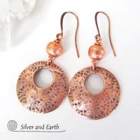 Copper Hoop Earrings with Brushed Satin Beads - Classic Modern Jewelry