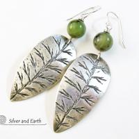 Sterling Silver Leaf Earrings with Green Jade Stones - Earthy Nature Jewelry