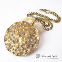 Gold Brass Medallion Pendant Necklace with Hammered Organic Texture