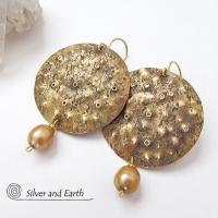 Large Gold Brass Earrings with Pearl Dangles - Earthy Organic Modern Jewelry