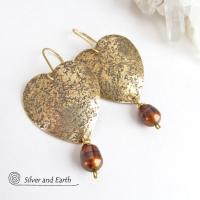 Gold Brass Heart Earrings with Bronze Pearls- Romantic Jewelry Gift for Her