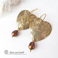 Gold Brass Heart Earrings with Bronze Pearls- Romantic Jewelry Gift for Her