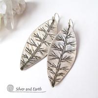 Sterling Silver Leaf Earrings - Modern Contemporary Nature Jewelry