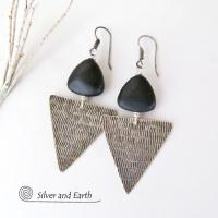 Sterling Silver Triangle Earrings with Black Onyx - Modern Silver Jewelry
