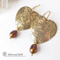 Gold Brass Heart Earrings with Bronze Pearls- Romantic Jewelry Gift for Her