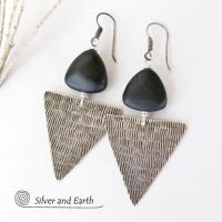 Sterling Silver Triangle Earrings with Black Onyx - Modern Silver Jewelry