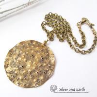 Gold Brass Medallion Pendant Necklace with Hammered Organic Texture