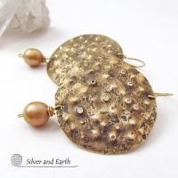 Large Gold Brass Earrings with Pearl Dangles - Earthy Organic Modern Jewelry