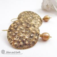 Large Gold Brass Earrings with Pearl Dangles - Earthy Organic Modern Jewelry