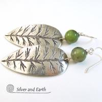 Sterling Silver Leaf Earrings with Green Jade Stones - Earthy Nature Jewelry