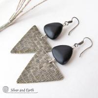 Sterling Silver Triangle Earrings with Black Onyx - Modern Silver Jewelry