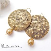 Large Gold Brass Earrings with Pearl Dangles - Earthy Organic Modern Jewelry