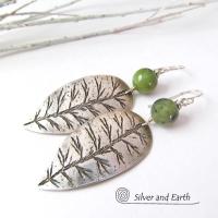 Sterling Silver Leaf Earrings with Green Jade Stones - Earthy Nature Jewelry