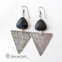 Sterling Silver Triangle Earrings with Black Onyx - Modern Silver Jewelry
