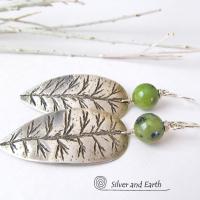 Sterling Silver Leaf Earrings with Green Jade Stones - Earthy Nature Jewelry