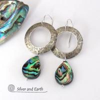 Sterling Silver Hoop Earrings with Dangling Abalone Shells - Paua Shell Jewelry