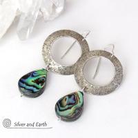 Sterling Silver Hoop Earrings with Dangling Abalone Shells - Paua Shell Jewelry